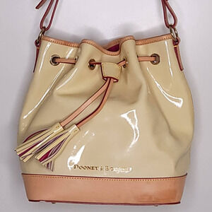 Dooney Bourke White Patent & Vachetta Leather Drawstring Bucket Shoulder Bag